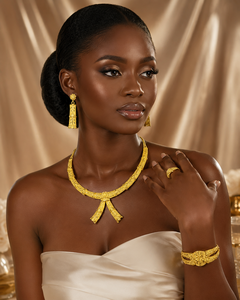 Parure de collier et pendentif en or 24 carats plaqué or, motif floral, pour mariée, avec chaîne en boîte, bijoux de mariage africains, indiens et arabes - Product Image 4