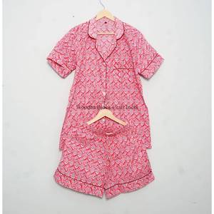 Elegante Conjunto de Pijama Indio Hecho a Mano 100% Algodón, Hermoso Estampado a Bloque, Estilo Vintage, Ropa de Dormir Corta - Product Image 6