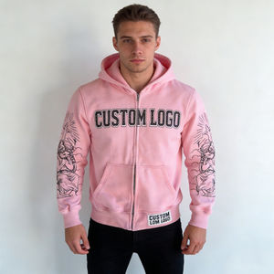 Sweat-shirts à capuche en polaire pour hommes, style vintage, tissés, avec fermeture éclair, coupe ample, logo personnalisé, motif tatouage, vente en gros OEM - Product Image 3