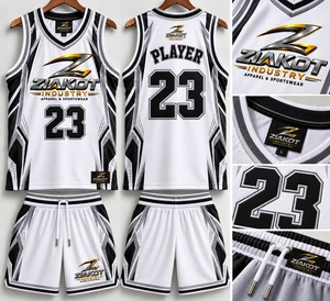 Vente en gros directe ZIAKOT INDUSTRY Maillot de basket-ball authentique personnalisé blanc noir-gris rétro - Product Image 1