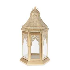Antique <b>Brass</b> Moroccan Candle <b>Lantern</b> Arch Cutout Frame Clear Glass Panel Hanging <b>Lantern</b> Tabletop Candle Holder Light Lamp - Product Image 1