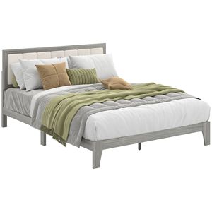 Letto Queen Size con Testiera Imbottita Grigia, Struttura a Piattaforma con Doghe in Legno, Facile Montaggio, Non Richiede Rete a Doghe - Product Image 1