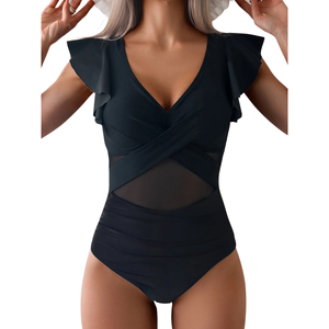 Maillot de bain une pièce de plage à manches bouffantes, doux et extensible, col en V, épaules à volants, silhouette minimaliste, pour station balnéaire, ODM OEM personnalisé - Product Image 2