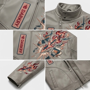 Genuine Leather <b>Jacket</b> <b>Chinese</b> Style Embroidered Flame Pattern Stand Collar Zipper Closure Autumn Wear Regular Fit - Product Image 6