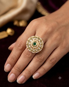 Flower Shape Stone Pearl Beaded Border <b>Adjustable</b> <b>Ring</b> Wedding <b>Ring</b> Gold Plated Traditional Ethnic Wear Fashion <b>Rings</b> Collection - Product Image 2