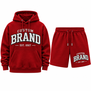 Ensemble sweat à capuche et short pour homme personnalisé, en coton rouge French Terry, tenue décontractée d'automne, sweat à capuche assorti - Product Image 1