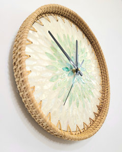Vietnam Handmade 12 Inch Wall <b>Clock</b> Rustic Cottagecore Rattan Shell Design Minimalist Modern Green <b>White</b> Home Decor Supplier - Product Image 2