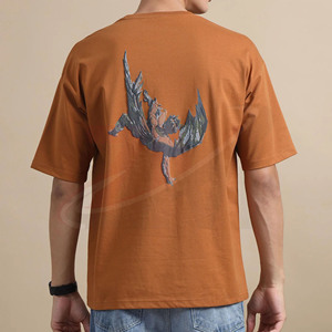 Men's <b>Rust</b> Orange Short Sleeve T-Shirt With Bat Wing Print O-Neck Casual Jersey Cotton <b>Top</b> Regular Fit - Product Image 3