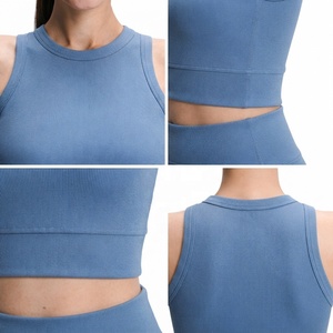 Yoga Set Women 2 Piece Solid Blue Seamless High Waist <b>Leggings</b> <b>Crop</b> Top Racerback Sleeveless Full Length Activewear - Product Image 4