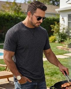 T-shirt à manches courtes pour homme, gris foncé, col rond, coupe ajustée, couleur unie, jersey décontracté, matière respirante en coton - Product Image 2