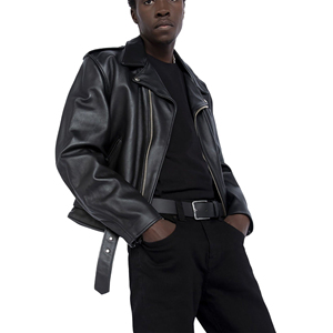 <b>Men's</b> Genuine <b>Leather</b> Moto <b>Jacket</b> With Zipper Closure And Belted Waist Slim Fit Black Turn-down Collar Regular Sleeve - Product Image 2