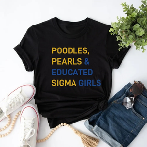 Camiseta Poodles Pearls & Educated Sigma Girls, camiseta informal de verano con gráfico de letras griegas personalizadas, color negro, manga corta, cuello redondo - Product Image 1