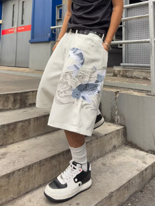 Shorts de Mezclilla Blancos para Hombre, Estampado de Pez Koi con Transferencia Térmica, Estilo Hip Hop, Casuales de Verano - Product Image 3
