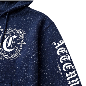 Mens <b>Navy</b> Blue Melange Graphic Pullover Hoodie Long Sleeve Streetwear <b>Sweatshirt</b> With Printed Design And Kangaroo Pocket - Product Image 4