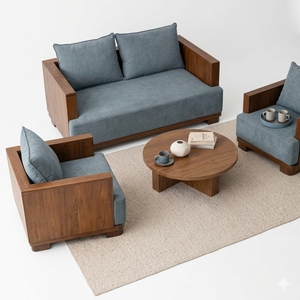 Ensemble de canapés en bois de style mid-century modern avec coussins bleus et table basse ronde pour salon - Product Image 2