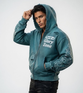 Sudadera con capucha extragrande y gruesa Glory Custom con acabado lavado ácido, estilo con cremallera, estampado en serigrafía y pedrería para unisex. - Product Image 4