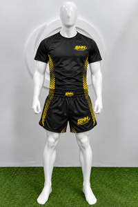 Conjunto de Entrenamiento de Muay Thai Personalizado en Negro y Amarillo para Hombre, Camiseta de Manga Corta de Alto Rendimiento con Pantalones Cortos de Combate, Uniforme Deportivo de Kickboxing y Boxeo - Product Image 3