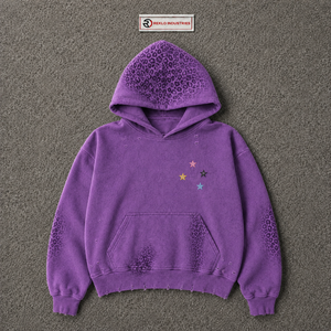 Sudadera con Capucha Extra Grande Morado Violeta con Bordado de Estrellas Multicolor, Estampado de Leopardo Tonal, Estilo Vintage Lavado, Streetwear - Product Image 5