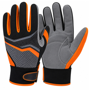 Gants de tronçonneuse gris, noir et orange avec panneaux géométriques sur la paume, dos en tissu texturé, sangle réglable, logo personnalisé, vente en gros - Product Image 1