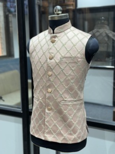 <b>Men's</b> Luxury Blush <b>Pink</b> Diamond Jacquard Nehru Jacket Designer Bandhgala <b>Waistcoat</b> Premium Wedding Modi Jacket Ethnic - Product Image 3