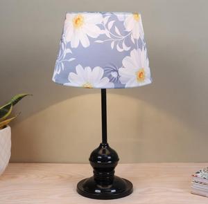 Traditional Blue Floral Fabric Drum Shade Table <b>Lamp</b> With Black Plastic Base <b>Warm</b> White Light For Bedroom Decorative Lighting - Product Image 3