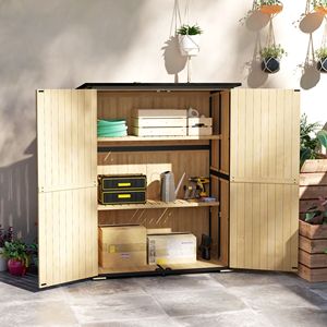 Casetta da Giardino in Legno Naturale con Tetto in Asfalto, 2 Ripiani, Porte con Serratura, Piedini Regolabili e Facile Montaggio - Product Image 2