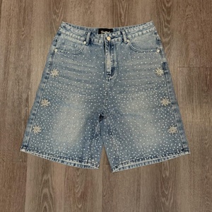 Pantalones Cortos de Mezclilla Personalizados para Hombre, Estilo Urbano, con Apliques Bordados en el Dobladillo, Lavado Vintage, Cierre de Cremallera, de Algodón - Product Image 1