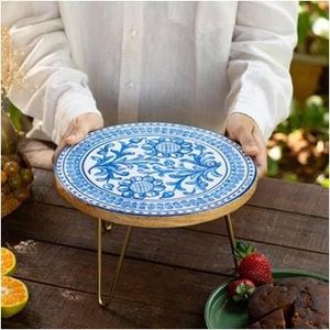 Soporte Redondo Azul y Blanco para Tartas, Plato Floral para Postres, Plato de Bambú para Mesa de Té, Apto para Lavavajillas, para Exhibición de Repostería en Fiestas y el Hogar - Product Image 1