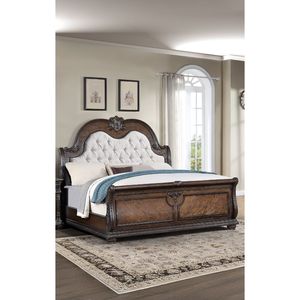 Letto a slitta King Size tradizionale in similpelle con bottoni trapuntati, stile formale per camera da letto - Product Image 2