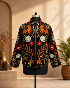 Suzani Style Hand Embroidery Velvet Jacket Women Boho Chic Winter Bomber Handmade Masterpiece Ethnic <b>Needlework</b> Coat Gift Set - Product Image 1