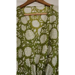 Elegante Vestido Kaftán Verde de Algodón con Estampado Floral a Mano, Vestido Largo Informal Bohemio de Verano para Mujer, Talla Grande - Product Image 3