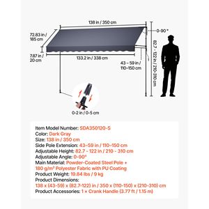 Auvent rétractable pour patio extérieur de 138 pouces, hauteur réglable, abri pour porte/fenêtre, manuel - Product Image 2