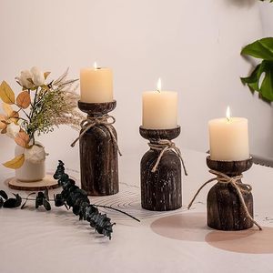 Rustic Distressed Wooden Pillar Candle <b>Holder</b> Set Farmhouse Decorative Candle Stand Home Table Centerpiece - Product Image 4