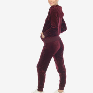 Custom <b>Women</b> <b>Velour</b> Tracksuit <b>Set</b> Hooded Full Zip Burgundy Velvet Jogger Pants 2 Piece <b>Lounge</b> Sweatsuit Wholesale - Product Image 4