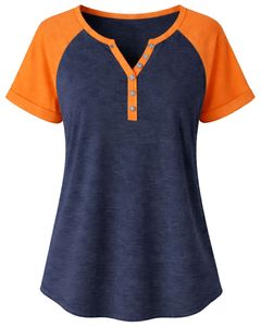 T-shirt pour femme bleu marine et orange à manches courtes, col Henley, coupe raglan, en coton doux, décontracté, respirant et confortable pour l'été et le quotidien - Product Image 1