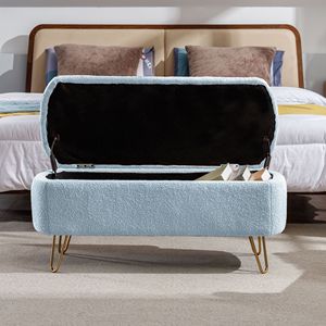 Modern Grey Faux Fur Entryway Bench Blue <b>Storage</b> Ottoman with Gold Legs for End of Bed Padded and Upholstered <b>Stool</b> & Ottoman - Product Image 5