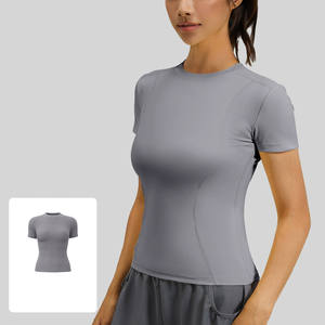 Camiseta Deportiva OEM 2026 Color Amarillo Pastel para Mujer, Suave y Elástica, Ajustada, Cuello Redondo, Manga Corta, Ropa Deportiva - Product Image 4