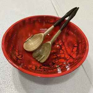 Bol de service en bois d'acacia émaillé imprimé avec cuillères pour salade, fruits, vaisselle, bol de service de qualité supérieure pour ustensiles de cuisine - Product Image 1
