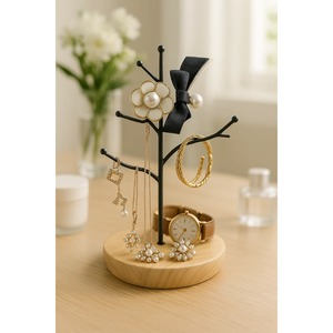 Wooden Base Jewelry <b>Tree</b> Stand with Black Metal <b>Branches</b> for Necklaces Earrings Bracelets Organizers - Product Image 6