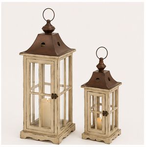 Farmhouse Wood and Metal Candle <b>Lantern</b> <b>Set</b> of 2 Distressed White Decorative <b>Lantern</b> with Glass Panels for Indoor Outdoor Home - Product Image 4