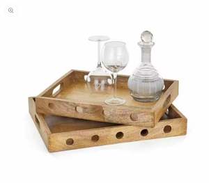 Decorative Wooden Serving Tray <b>Set</b> with Cutout Handles <b>Rustic</b> Round Edge Tray for Kitchen <b>Dining</b> Coffee <b>Table</b> Decor - Product Image 1