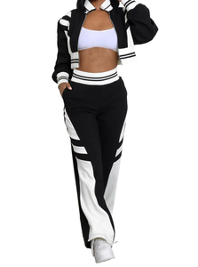 Women Black Striped Tracksuit Set Full Sleeve Turn-<b>down</b> Collar Elastic Waist Autumn Wear Breathable Elegant Style - Product Image 5