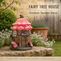 Décoration extérieure : Maison de fée en résine rose avec toit fleuri, décor de jardin, décoration de cabane dans les arbres avec plaque de bienvenue