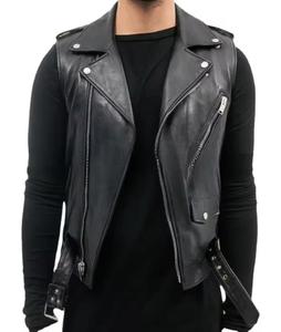 Unisex <b>Black</b> Genuine Leather Moto <b>Vest</b> Stand Collar Zipper Closure Slim Fit Solid Color Quick Dry Front Logo Autumn Style - Product Image 1