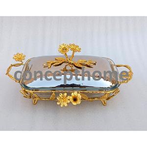 Plat rectangulaire en verre transparent avec base de designer plaquée or de haute qualité et couvercle supérieur, logo accepté, style occidental. - Product Image 2