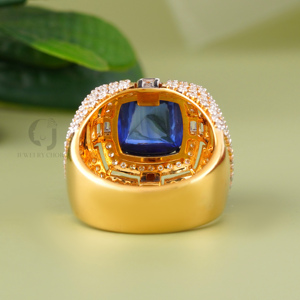 Art Deco Blue Sapphire <b>Ring</b> 18K Yellow Gold Lab Grown Diamond Side Stones VVS VS DEF Clarity Large CZ <b>Statement</b> <b>Ring</b> for Women - Product Image 3