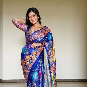 Sari en soie de qualité supérieure avec de véritables broderies miroir, broderies Zari dorées, broderies Chakri, motifs diamantés, magnifique imprimé, sari de créateur pour mariage et fêtes. - Product Image 2