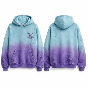 Sweat-shirt à capuche tie-dye bleu violet, pull en tricot déchiré avec poche avant, streetwear - Product Image 1