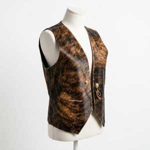 Chaleco de Cuero Genuino a Cuadros con Forro de Piel para Hombre, Estilo Casual Vintage sin Cuello, con un Solo Botón, para Invierno, Largo Regular - Product Image 4