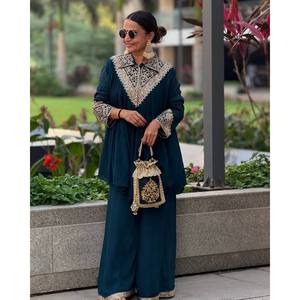 Conjunto de Top y Pantalón de Satén Elegante de Cintura Alta para Fiestas con Diseño de Bordado y Lentejuelas - Product Image 5